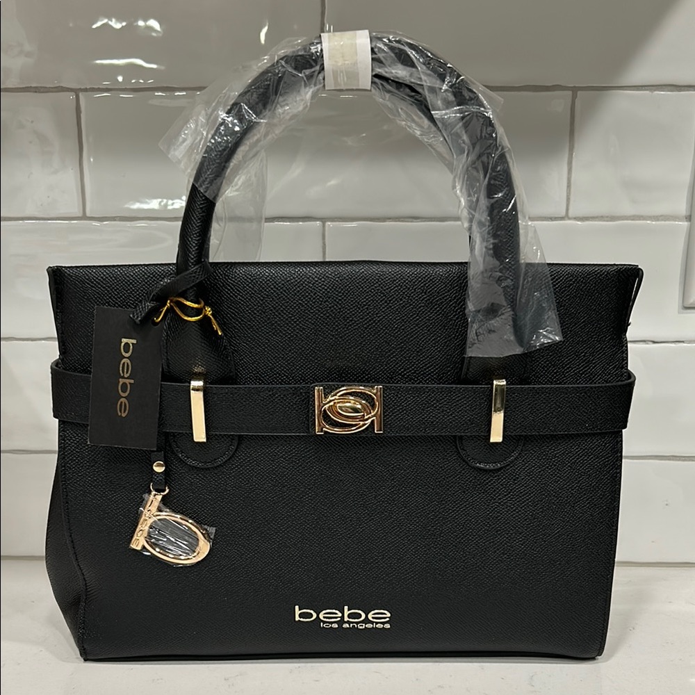 bebe Black Satchel Handbag with Gold Hardware and Textured Material